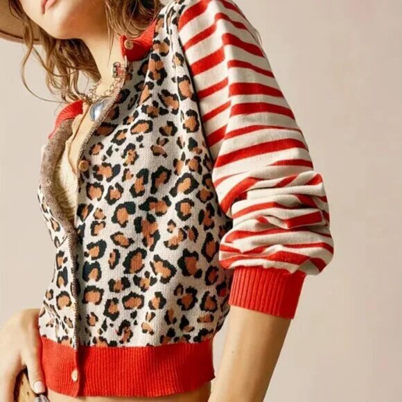 Leopard Print Striped Long-Sleeve Multicolor Cardigan Sweater - Picture 1 of 4